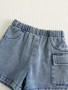 SHEIN 2件套男女童可爱连帽无袖背心和牛仔短裤套装，春夏男婴服装 - 藍色 - 查看 5