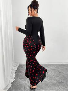 Elenzga Plus Size Women's Heart Print Long Sleeve Ruched Waist Maxi Dress,Black And Red,Autumn,Party,Rave, Elegant New Year Girlfriend Gathering Black - Multicolor - View 2
