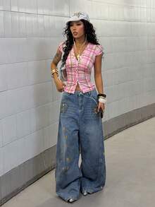 StreetHx Women's Street Style Pink Plaid Short Sleeve Fitted Shirt, Summer - Pink - View 2