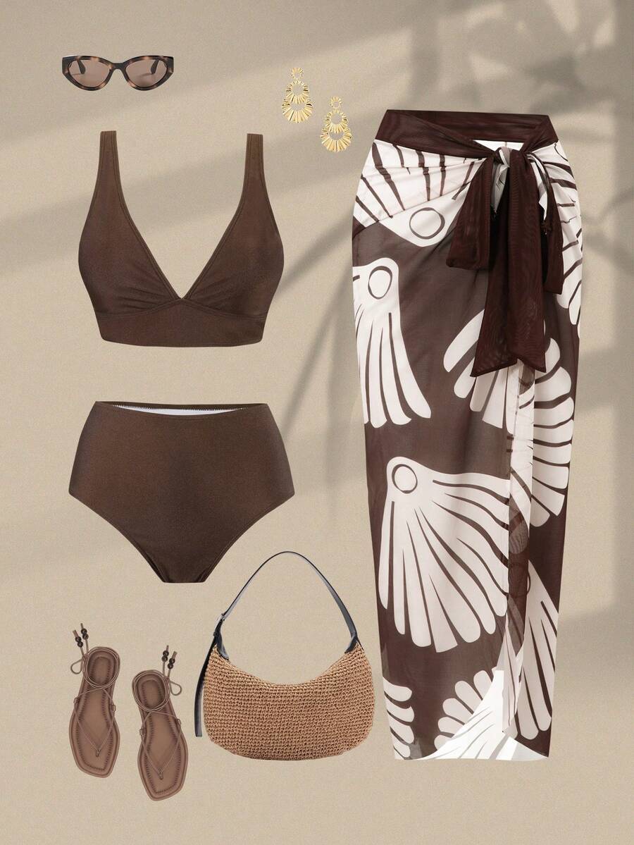 Swim Oasis 3pcs Women's V-Neck Backless Long Dress Swimwear Set, Fashion Casual Resort Wear, Spring/Summer/Autumn/Winter - Brown - View 1