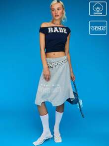 COUREZ Babe Print Off Shoulder T-Shirt /Summer Tops Summer Y2K Cute Summer Tops Vintage Cotton - Navy Blue - View 1