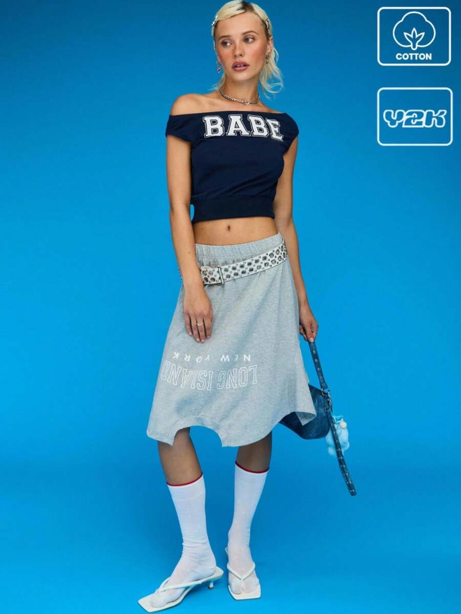 COUREZ Babe Print Off Shoulder T-Shirt /Summer Tops Summer Y2K Cute Summer Tops Vintage Cotton - Navy Blue - View 1