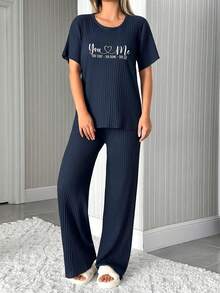 EURMUSE 100%Cotton Women's Printed Letter Ribbed Knit Short Sleeved&Long Pants Homewear Lounge Wear Set - Navy Blue - View 5