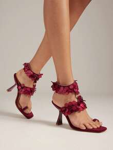 SHUZIA Sandalias de tacón de aguja con tira de tobillo y adornos de concha para mujer, de estilo minimalista - Burdeos - Ver 2