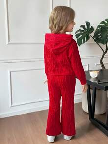 SHEIN 2 Stücke/Set Mädchen Lässig strukturierter Strick Kapuzenpullover kombiniert mit weiten Hosen, geeignet für Kinder Lässig Wear, Schulanfang, Zeremonien, Alltag, Schule, Reisen, Sport, Herbst/Winter - Rot - Übersicht 2