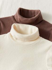 PrepCrw 2pcs/Set Girls Knitted Colorblock Turtleneck Long Sleeve Casual T-Shirt - Multicolor - View 4