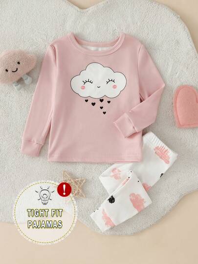 2 st babyflickors söta leende moln- och hjärtmönster långärmade toppar och bekväma leggings, åtsittande passform