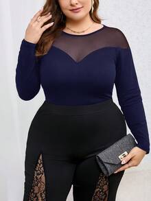 SHEIN Privé Plus Size Women's Solid Color Round Neck Long Sleeve Mesh Patchwork T-Shirt Long Sleeve Mesh Top Curve Plus Tops Plus Size Long Sleeve Top Tops For Women Plus Plus Size Sheer Top - Navy Blue - View 5