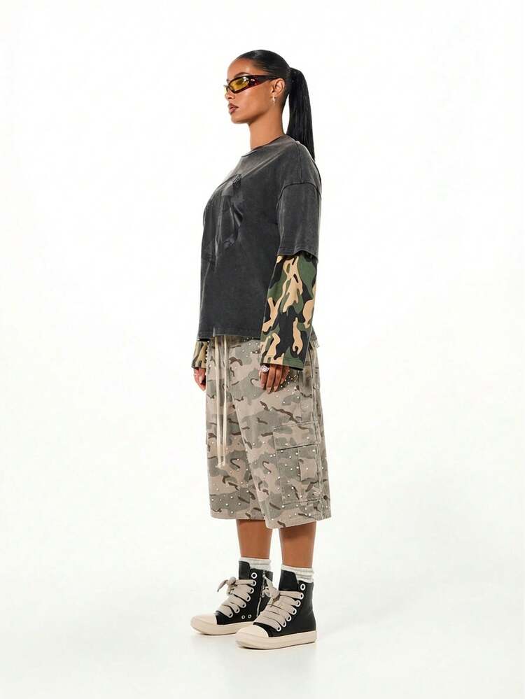 SUMWON WOMEN Camo Pearl Studded Wide Leg Cargo Shorts