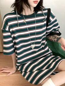 DAZY 女士条纹圆领短袖休闲宽松百搭T恤 - 綠色 - 查看 5