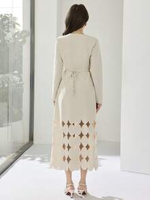Heiryn Váy suông cổ chữ V khoét sâu màu trơn thanh lịch dành cho nữ, mùa xuân/thu - Màu be - Xem 2
