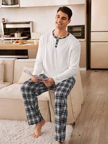 CoupledUp Plaid Print Button-Front Long Sleeve & Pants Men Pajama Set - Multicolor - View 5