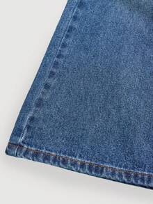 少女都市风深色字母印花阔腿牛仔裤，时尚设计，适合上学、休闲、户外活动等场合。 - 藍色 - 查看 4