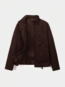 Comfortcana Women's Coffee Brown Collared Diamond Pattern Pocket Long Sleeve Padded Coat, Winter Clothing - Coffee Brown - View 7