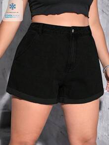 SHEIN ICON 大码无弹力休闲百搭牛仔短裤 - 黑色 - 查看 1