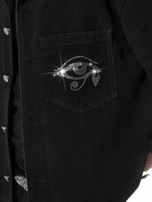 ROMWE MEN ROMWE Avant Men's Fashionable Rhinestone Embellished Denim Shirt, Summer - Black - View 5