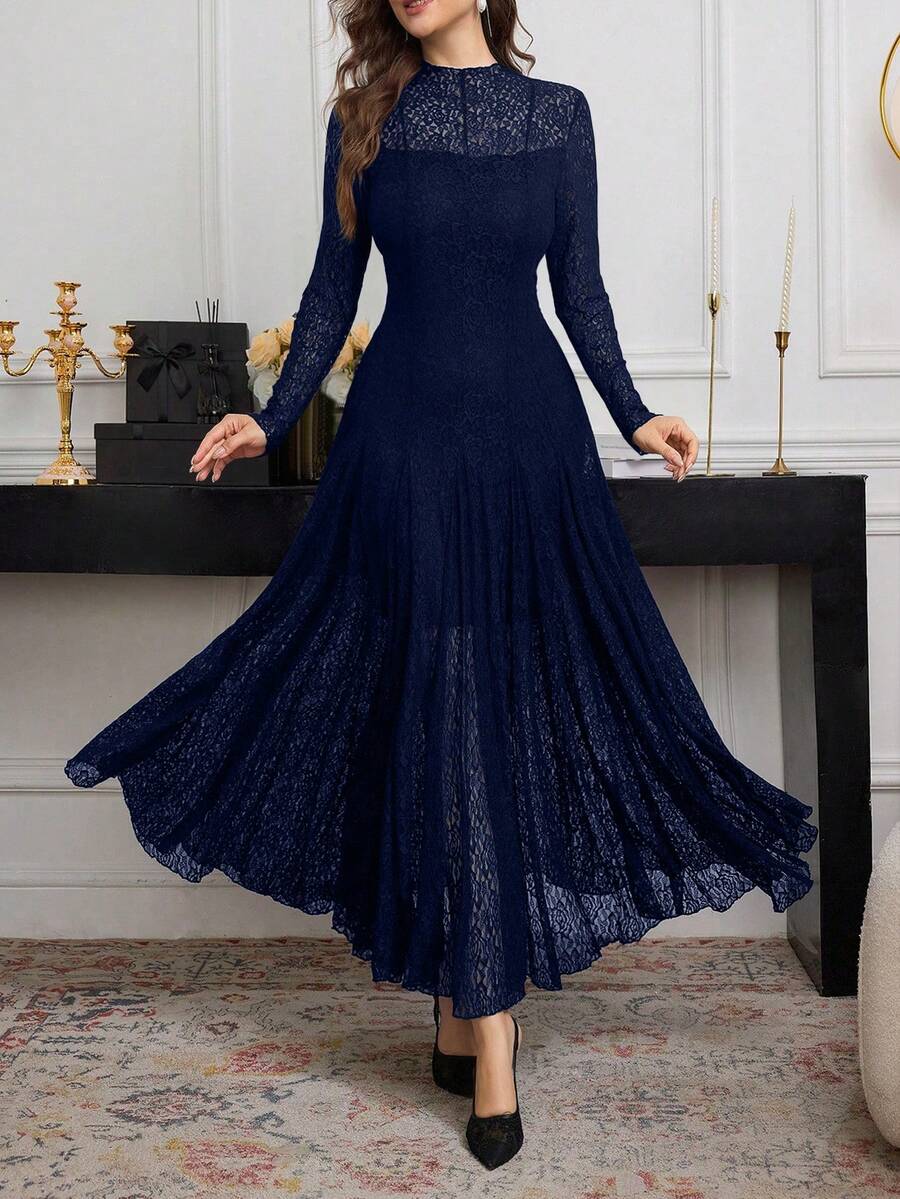 Modelyn 优雅高档黑色蕾丝飘逸连衣裙，春夏款 - 藍色 - 查看 1