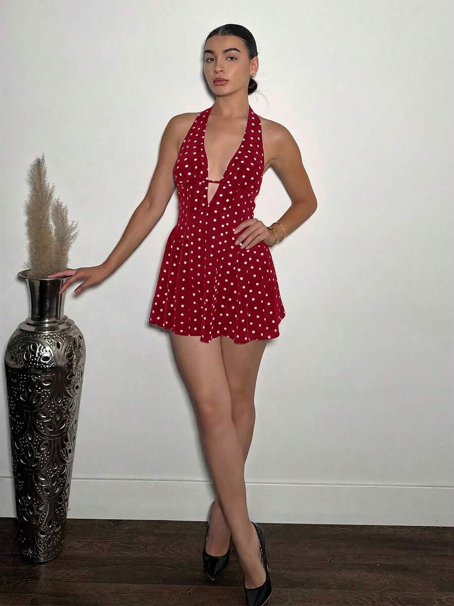 Andrea Bello Vestido de mujer sin mangas con estampado de lunares, con escote halter y espalda descubierta