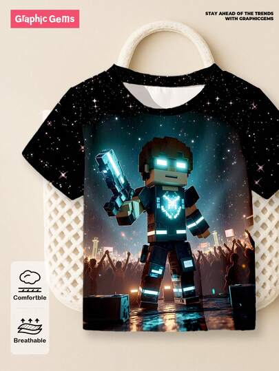 GraphicGems 小男孩休闲创意星空舞台枪块人体印花短袖 T 恤，时尚基本款 T 恤（2 件单独出售，作为兄弟姐妹搭配 S）儿童图案 T 恤男孩儿童游戏 T 恤