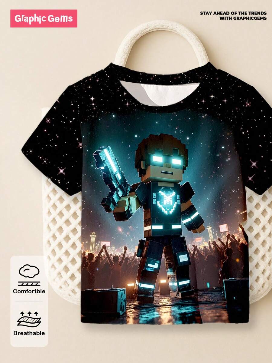 Young Boy Creative Star Sky Stage Gun Block Human Print Short Sleeve T-Shirt,Fashionable Basic Summer School Gaming Kids Graphic Tee - Multicolor - View 1