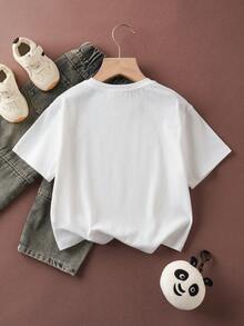 SHEIN Kung Fu Panda Young Girl Summer Casual Letter & Panda Print Round Neck Short Sleeve T-Shirt - أبيض - مشاهدة 2