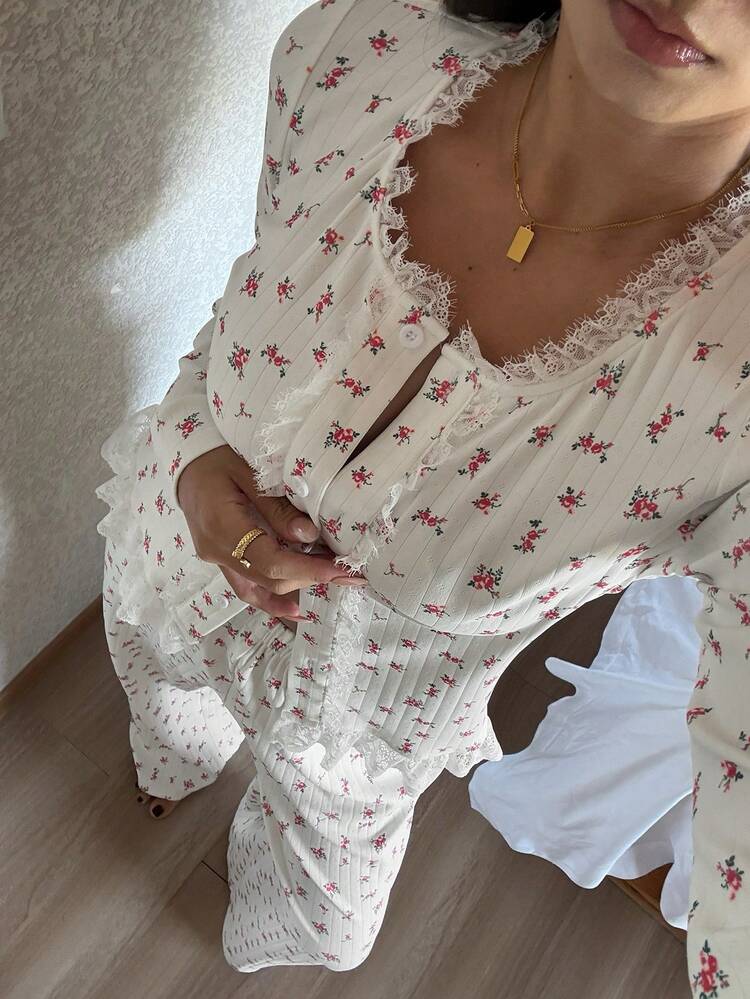 Floral Lace Ruffle Trim Women Pajama Set