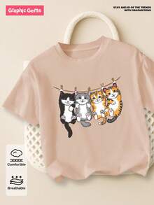 SHEIN Young Girl Cat Pattern Short Sleeve Casual T-Shirt Summer Holiday - Apricot - View 7