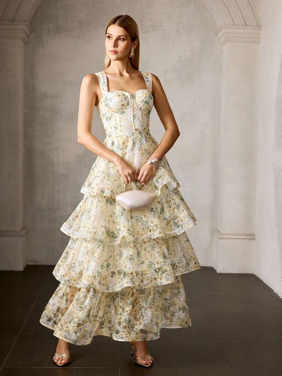 MOTF PREMIUM Vestido de malla floral con cuello de corazón, cintura ceñida y volantes en el bajo, elegante novedad para mujeres 2025