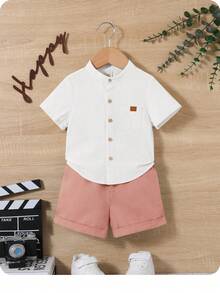 2pcs Baby Boy Blue&White,Summer,Casual,Family Matching Solid Mandarin Collar Short Sleeve Top And Shorts Set For Birthday Party,Christening,Formal - Multicolor - View 1