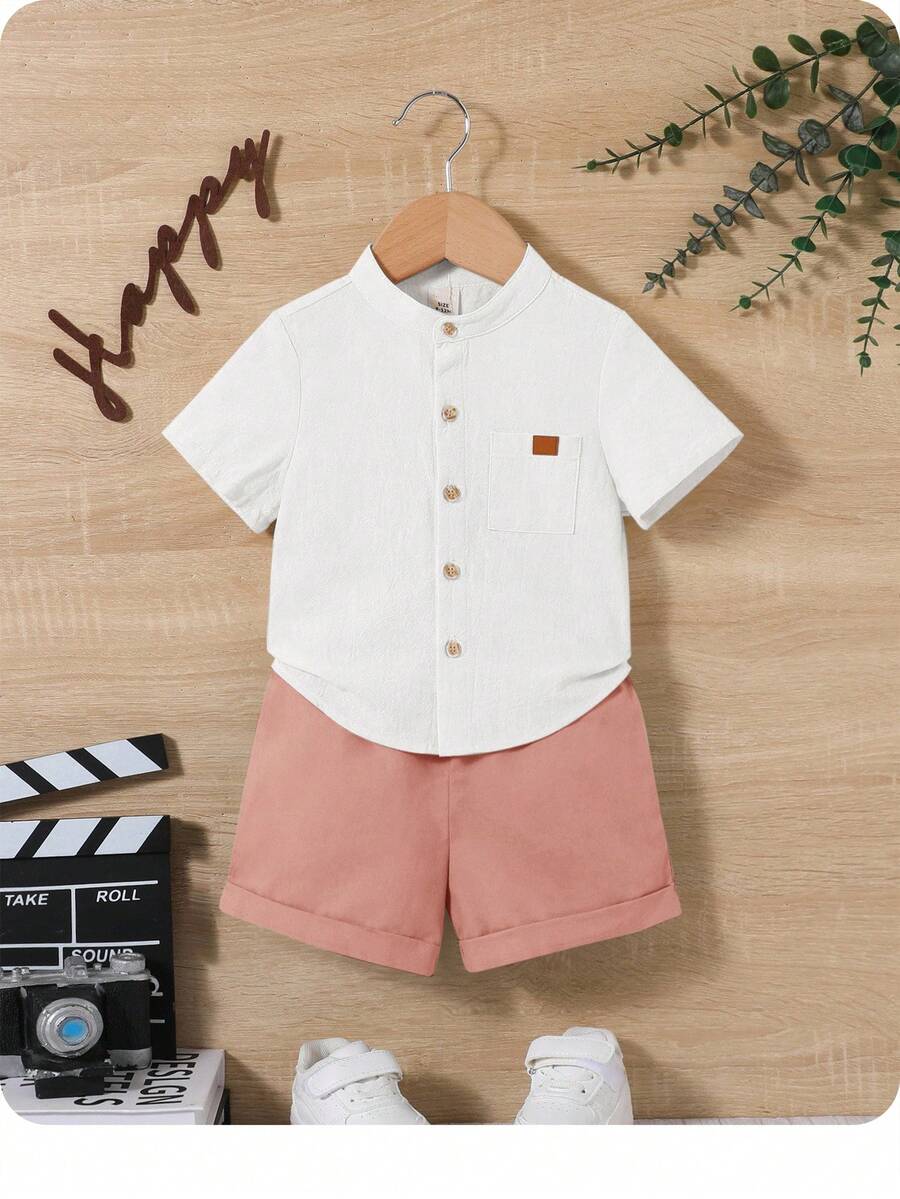 2pcs Baby Boy Blue&White,Summer,Casual,Family Matching Solid Mandarin Collar Short Sleeve Top And Shorts Set For Birthday Party,Christening,Formal - Multicolor - View 1