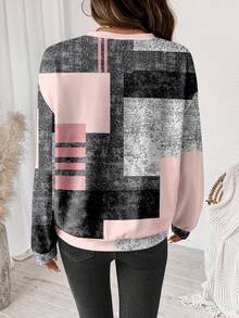 SHEIN LUNE Casual Retro Elegant Commuting Versatile Warm Black Pink Gray Glitter Print Pattern, Comfortable Cozy Loose Fit Crew Neck Long Sleeve Sweatshirt For Women, Suitable For Autumn/Winter Carnival - Multicolor - View 2