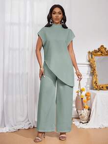 SHEIN Lady Women's Casual Mint Green Stand Collar Tunic Top And Wide Leg Pants Two-Piece Set - Mint Green - View 4