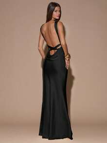 SHEIN BAE 性感简约纯色黄/米色深V领无袖露背系带连衣裙，适合派对、鸡尾酒会、正式场合、伴娘、生日、圣诞节、商务休闲等场合。 - 黑色 - 查看 8