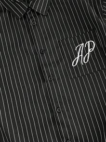 AXEPEAK 男士短袖纽扣条纹休闲衬衫，夏季 - 黑與白 - 查看 4