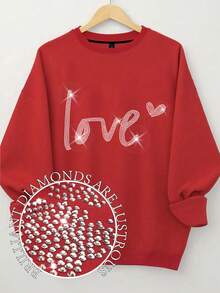 EMERY ROSE Plus Size Women's Love Letter Heart-Shaped Pattern Printed Round Neck Sweatshirts - Red - View 1