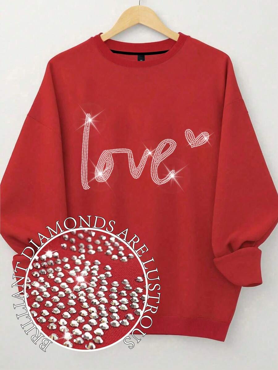 EMERY ROSE Plus Size Women's Love Letter Heart-Shaped Pattern Printed Round Neck Sweatshirts - Red - View 1