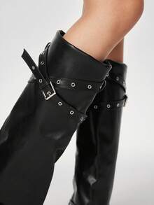 ROMWE Grunge Punk Botines de tacón alto de punta puntiaguda con hebilla para mujer, ideales para el uso diario - Negro - Ver 3