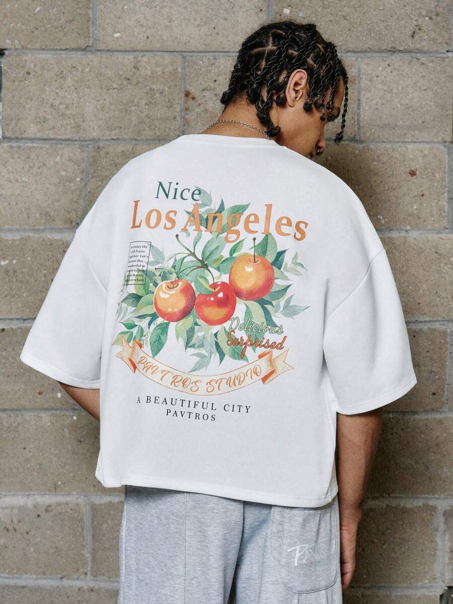 PAVTROS Áo thun nam tay ngắn in họa tiết, dáng rộng, cổ tròn, vai rớt, kiểu dáng thường ngày; Áo thun nam crop top họa tiết mùa hè, áo thun phong cách đường phố Los Angeles; Áo thun nam oversized in họa tiết; Áo sơ mi nam đẹp. - trắng - Xem 1