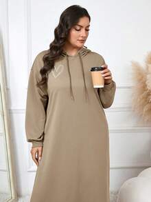 Mulvari Plus Size Drawstring Hooded Long Sleeve Casual Plain Modest Arabian Clothing Plus Size Winter Dress - Khaki - View 4