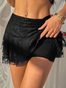 SHEIN EZwear Elegant Skirt Women's Sexy Black Lace Mini Skirt, Summer - Black - View 6