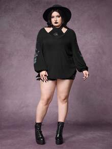 ROMWE Setelan 2 Potong Wanita Ukuran Besar Motif Kulit Ular Gothic dengan Bordir Bunga, Terdiri dari Kamisol dan Atasan Luar. - Hitam - View 3