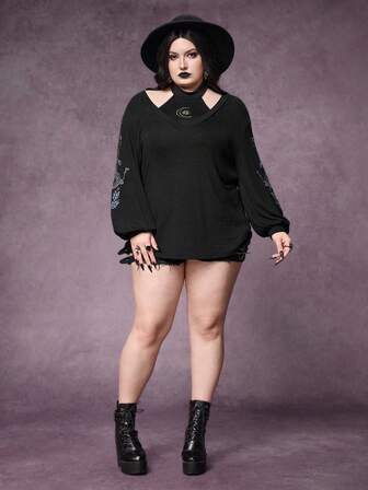 Goth Set da 2 pezzi da donna taglie forti, stile gotico, con stampa a pelle di serpente e ricamo floreale, composto da canotta e top esterno