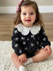 LMoss Kids LMoss 女婴可爱彼得潘领连体衣，带蝴蝶结印花，休闲时尚，适合派对、室内和室外穿着。 - 彩色 - 查看 5