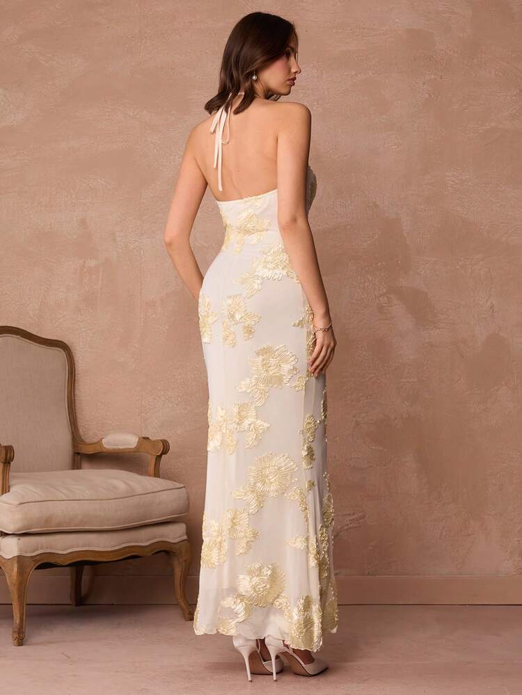 Robe longue moulante sirène à fleurs 3D, dos nu et col montant. Robe de soirée élégante en mousseline de haute qualité pour anniversaire