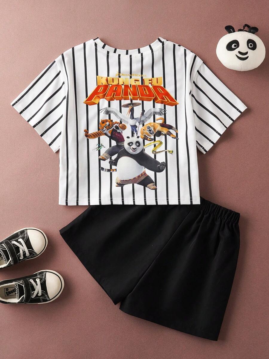 SHEIN Kung Fu Panda 2pcs/Set Young Boy Casual Sports Striped Panda Print Round Neck Short Sleeve Top And Shorts Set - Multicolor - View 1