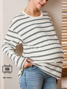 SHEIN Pregnant Women's Striped Round Neck Drop Shoulder Long Sleeve Casual Versatile T-Shirt Lingerie Lingerie Set Underwear Women Pajama Pajama Dress Loungewear Nightgown Robe Sleepwear Sleepwear Set Tank Top With Bra Maternity Tops Maternity Clothes T Shirts Pregnant Clothes Nursing Top Post Partum Clothes Striped Long Sleeve Stripe Top Long Tshirts Women - Multicolor - View 1