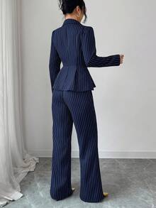 SHEIN Elenzya 女士套装，收腰A字版型，条纹优雅日常通勤时尚法式街头复古商务长袖西装外套，藏蓝色感恩节万圣节氛围，秋季新款时尚必备高端端庄长袖宽松直筒裤两件套 - 藍色 - 查看 2
