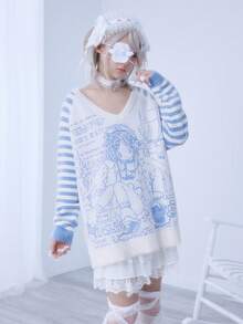 ROMWE EDITION 可爱动漫人物翅膀十字条纹V领宽松针织毛衣，日系萌系 - 彩色 - 查看 4