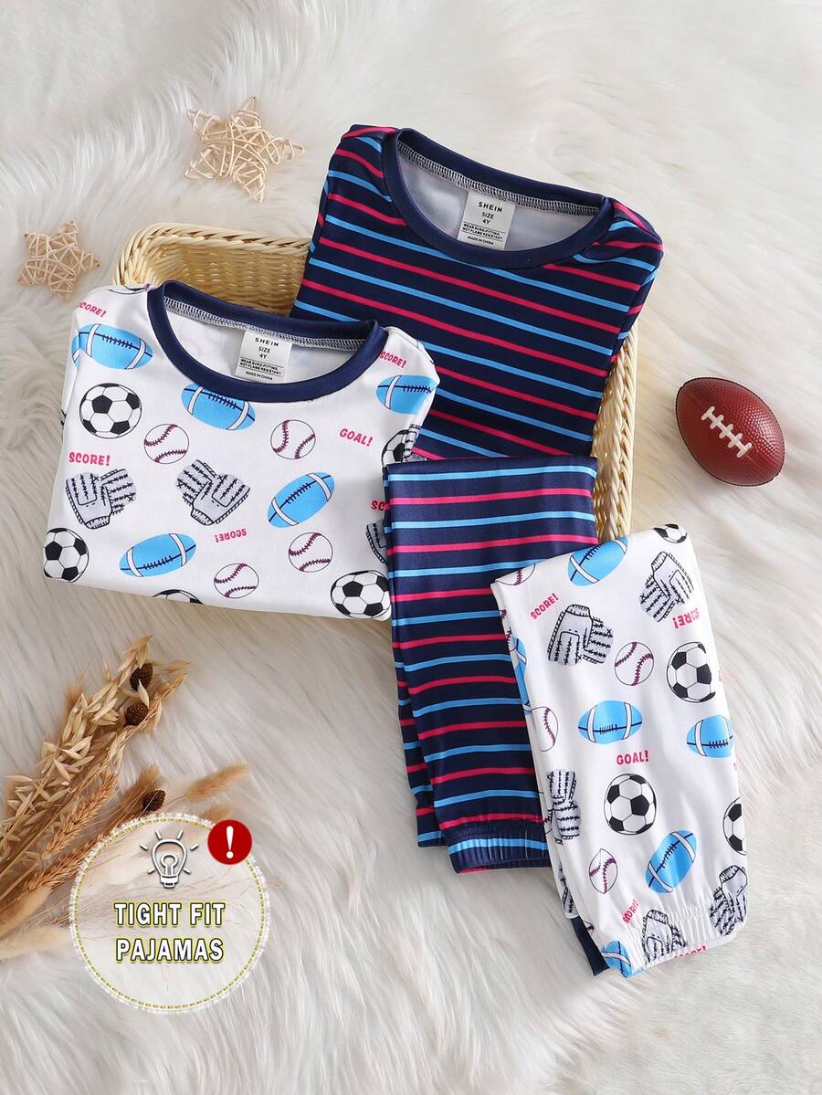 4pcs/Set Young BoyMinimalist Printed Pattern Long Pants, Short Sleeve Snug Fit Pajama Set - Multicolor - View 1