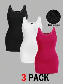 SHEIN Essnce 大码休闲百搭纯色蕾丝边吊带背心 - 彩色 - 查看 3
